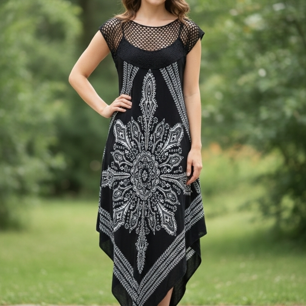 IndiaBoutique Mandala Handkerchief Hem Tunic Dress/Cover Up One Size Womens Boho